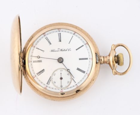 A gold plated Illinois Watch Co. full hunter crown wind pocket watch, the white enamel dial having hourly Roman numeral marke