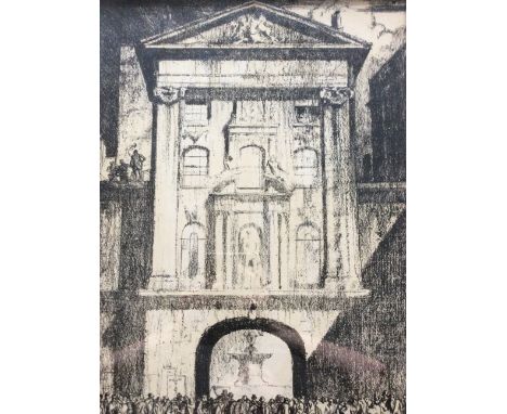 FRANK BRANGWYN. Framed, signed, lithograph, crowds in front of Renaissance style building, 52cm x 39cm.