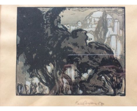SIR FRANK BRANGWYN R.A. Framed, signed in pencil, dated 1912?, Coloured woodblock print, 'An Eastern Mosque', urban scene pos