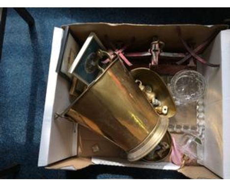A carton containing brass and iron kitchen scales, a selection of weights, brass bucket, glass perfume bottle etc.