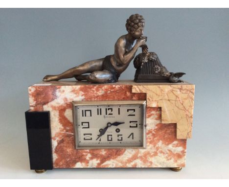 A Broyde Fisco 1461 Art Deco style marble mantel clock with spelter sculpture of Pan to top.