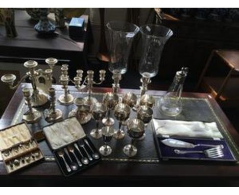 A set of six silver coffee spoons, a small silver box, and a selection of various silver plated ware to include glass fluted 