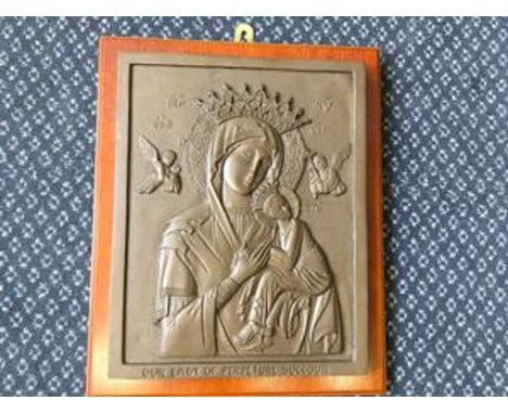 One embroidered religious image of a mother and child along with one bronze effect plaque inscribed with "Our Lady of Perpetu