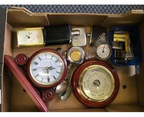 Box containing clocks, hip flasks, barometer, spoons, lighters.