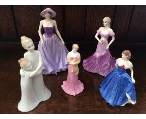One Coalport figurine, Sentiments Just for you, with four Royal Worcester figurines, Moments Sisterly Love, Isabelle, Special