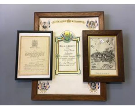 A large WWI for King and Country certificate, framed certificate of service, framed print Belgium 1915.