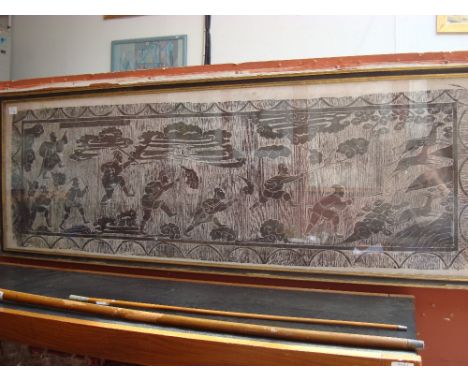 A framed woodcut on paper depicting an ancient deer hunting scene.