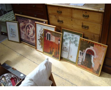 A framed print of ''Idylle'' by Gustav Klimt, 89 x 59 cm, along with 5 other prints by Edouard Van Goethem, Georg Ehret and R