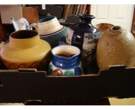 Studio pottery including two Austrian vases, a Fourgault bottle, a hand painted jug, a Sylvac bowl, a modern Chinese vase, a 