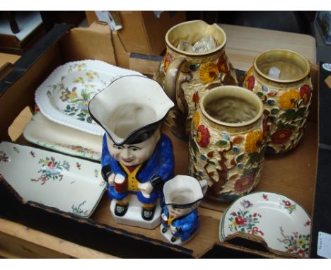 A mixed selection of ceramics to include two Devonmoor Toby jugs (A/F), three H.J.Wood Indian Tree pieces, Spode and Royal Do