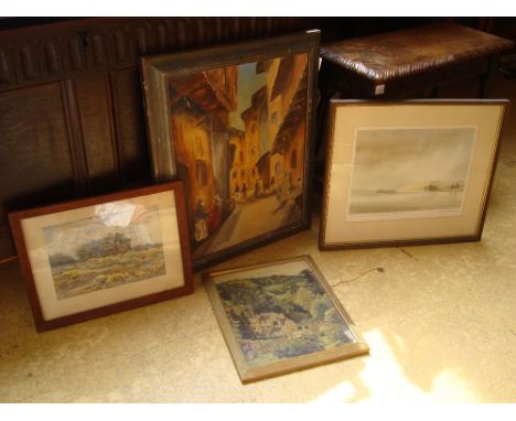 A mixed lot of oils, watercolours etc, to include a forest scene watercolour on paper, an oil on board country landscape, a l
