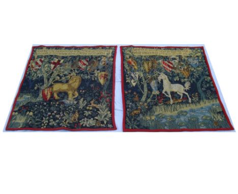 Two loom woven Hines of London tapestry wall hangings.  ''These Are The Arms of The Knights of The Round Table Bidden to Seek