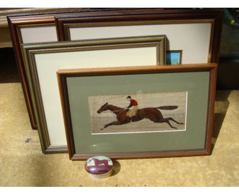 Equestrian racing related items to include an embroidered framed picture of a jockey on horseback, two prints, one titled 'Fr