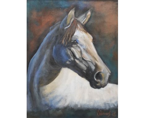 Carlos Olivares (Uruguayan Contemporary): Horse Head Portrait, oil on canvas mounted onto board signed and dated '18, 53cm x 