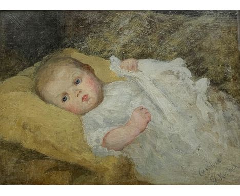 E L Kinloch (American 1860-1923): 'Caroline' - Portrait of a Baby, oil on board signed and titled 29cm x 39cmClick here to vi