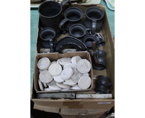 19th Century pewter measures and tankards, microscope and slides plus French plaster relief portrait plaques