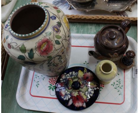 A Doulton stoneware teapot, Poole vase (as found), a small Moorcroft vase plus a lid