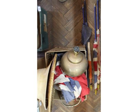 A red leather attaché case, copper jug, bugle etc including two tropical hats and flags