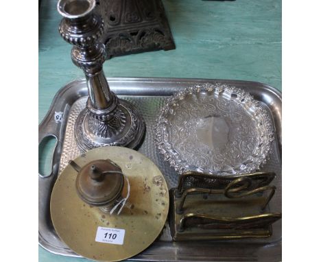 A Victorian silver salver together with a Victorian brass inkstand, letter rack plus a silver plated candlestick