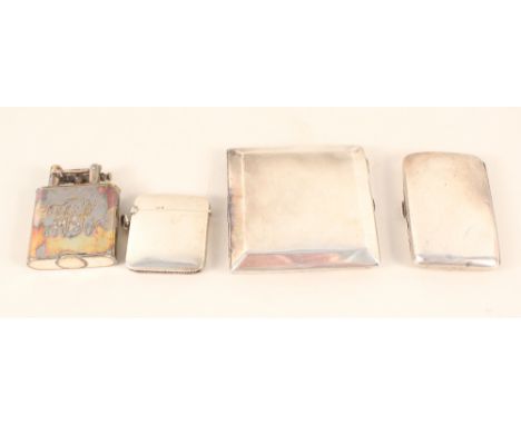 Two silver cigarette cases plus a silver vesta and plated lighter