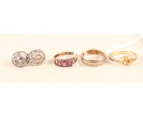 A 9ct gold band ring, a 9ct gold stone set ring (one stone missing), a pair of silver earrings etc