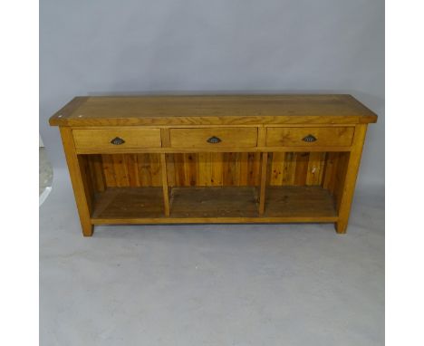 A modern oak dresser base, with 3 frieze drawers and open shelf below, 180 x 83 x 45cm 