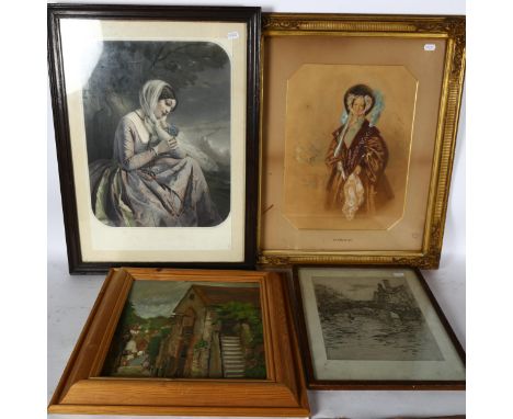 A group of various pictures and prints, including A E Chalon. RA., gouache, portrait study etc (6) 