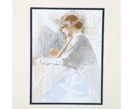Watercolour, woman playing the harp, early 20th century, unsigned, 31cm x 23cm, framed 