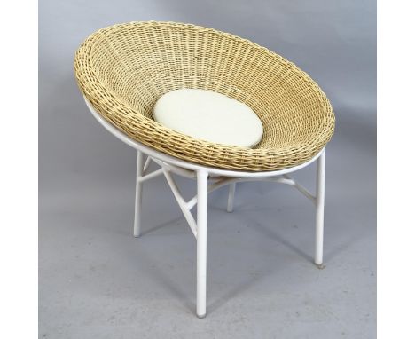 A mid-century style rattan cone chair designed by Terence Conran on white enamel steel base, with insert cushion. 