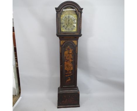 An 18th century 8-day longcase clock with a 12" arch top dial and two subsidiary dials, striking on a bell, in a black lacque