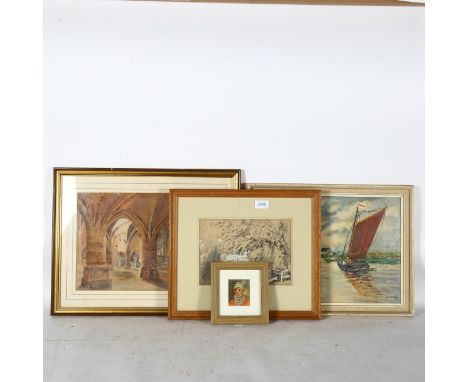 4 various pictures to include a watercolour on card, portrait of Thaddeus Koscruszkoi, and James Duffield Harding, drawn body