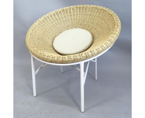 A mid-century style rattan cone chair designed by Terence Conran on white enamel steel base, with insert cushion. WITH THE OP
