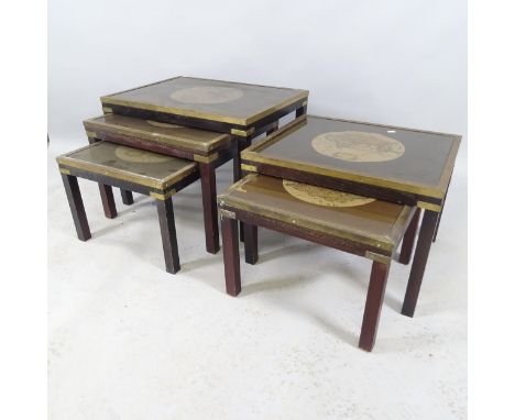 A nest of three rectangular glass top globe design occasional tables on mahogany base, largest 64cm x 45cm x 46cm, and a matc