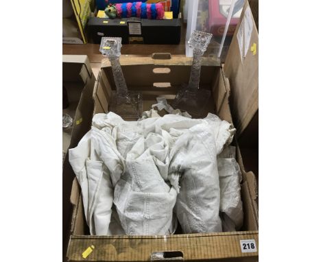 Box of linen and glass candle stick holders