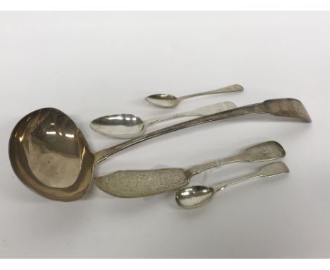 A silver soup ladle and a selection of flatware, marks rubbed, weight 8oz