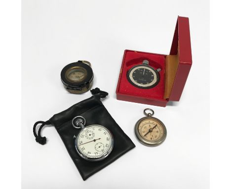 A Military compass, various stop watches including a boxed Omega etc.