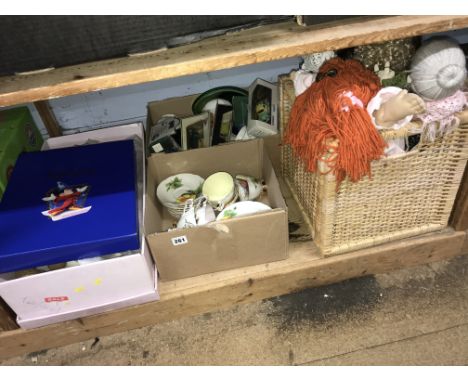 Shelf of assorted including dolls, cars etc.