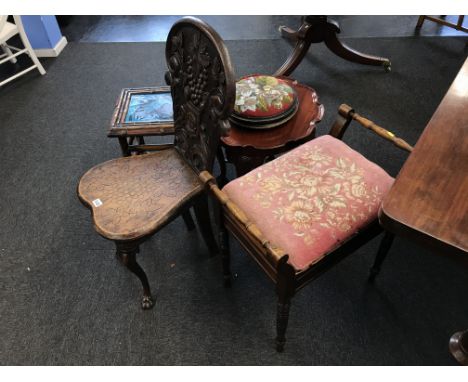 A carved chair, a faux bamboo table, inset with a turquoise Minton tile, piano stool etc.