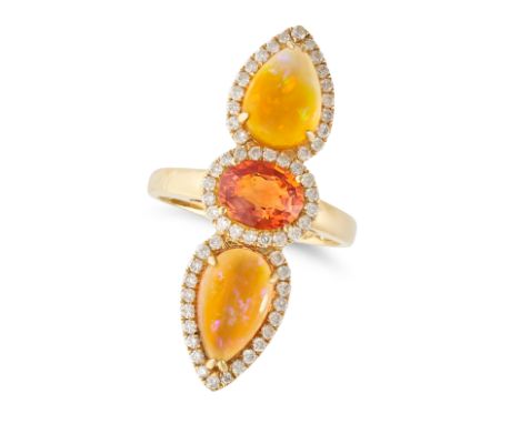 AN OPAL, ORANGE SAPPHIRE AND DIAMOND DRESS RING in 18ct yellow gold, set with an oval cut orange sapphire of 1.48 carats betw