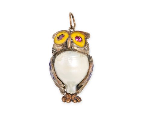 A PEARL, ENAMEL AND SYNTHETIC RUBY OWL PENDANT the body set with a baroque pearl, the eyes set with round cut synthetic rubie