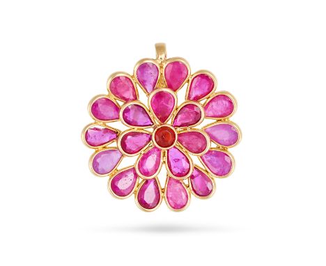 A RUBY CLUSTER PENDANT in 18ct yellow gold, set with pear and round rubies all totalling 4.30 carats, stamped 18k,&nbsp;2.5cm