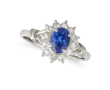 A SAPPHIRE AND DIAMOND CLUSTER RING in platinum, set to the centre with an oval cut sapphire of 1.32 carats in a border of ro