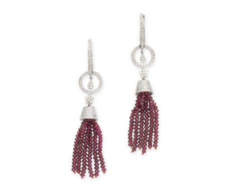 A PAIR OF RUBY AND DIAMOND TASSEL EARRINGS in 18ct white gold, each comprising a hoop set with a row of round brilliant cut d