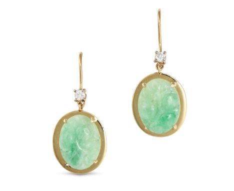 A PAIR OF JADE AND DIAMOND DROP EARRINGS in 18ct gold, each comprising a round brilliant cut diamond suspending a carved jade