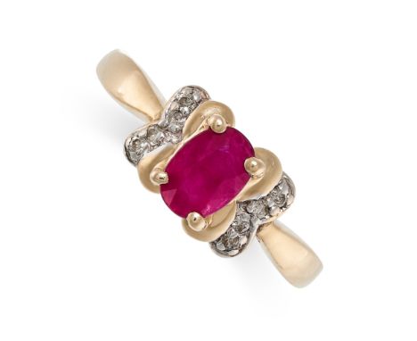 NO RESERVE - A RUBY AND DIAMOND RING in 14ct yellow gold, set with an oval cut ruby accented by round cut diamonds, stamped 1