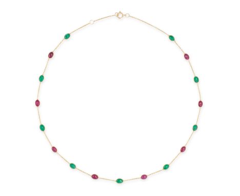 A RUBY AND EMERALD CHAIN NECKLACE in 18ct yellow gold, the trace chain set with a row of alternating oval cabochon rubies and