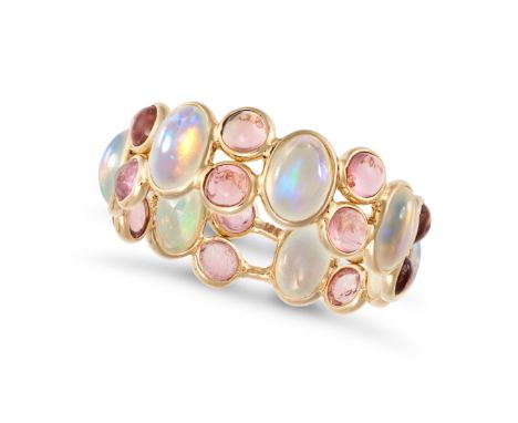 AN OPAL AND PINK TOURMALINE RING in 18ct yellow gold, set all around with oval cabochon cut opals and pairs of round cabochon