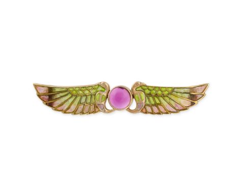 AN ANTIQUE ART NOUVEAU PASTE AND PLIQUE A JOUR ENAMEL BROOCH in yellow gold, set with a purple paste cabochon accented on eac