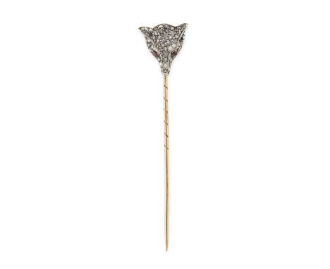 AN ANTIQUE RUBY AND DIAMOND FOX STICK / TIE PIN in 14ct yellow gold and silver, designed as the head of a fox set with rose c