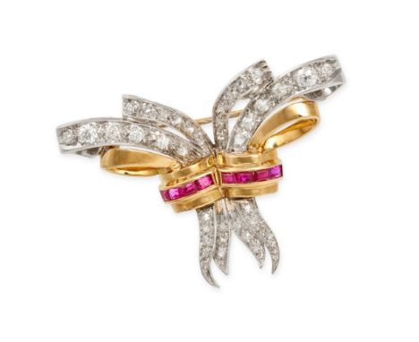 A RUBY AND DIAMOND BROOCH in 18ct yellow and white gold, designed as a stylised ribbon set with old cut diamonds, accented by